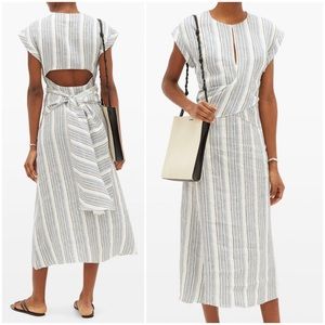 {Three Graces} Striped Short Sleeve Wrap-Waist Linen Midi Dress, Size M/6